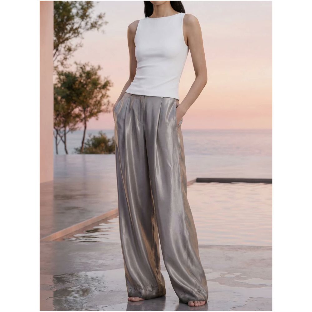 COMMON VALUE 100 Satin Acetate Trousers High Quality Glossy Natural Texture Wide Leg Trousers image 0