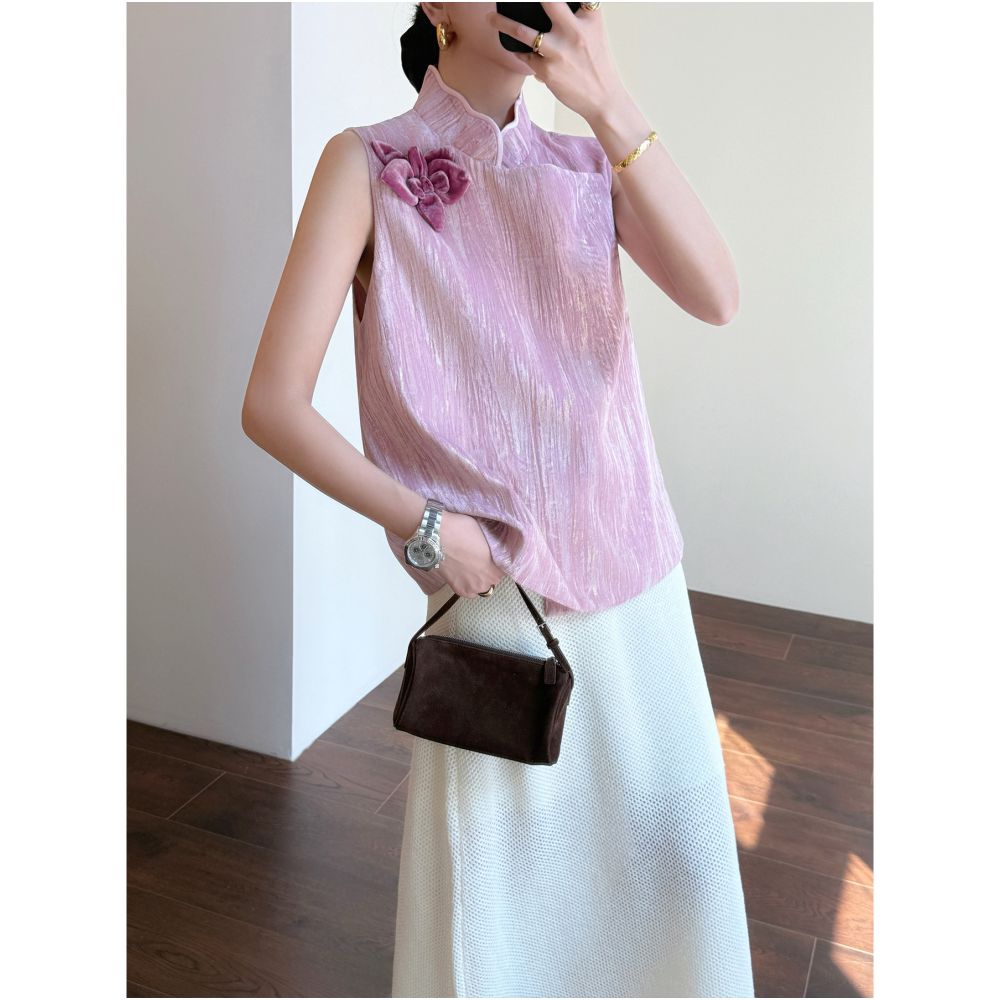 Tasyavan New Chinese Style Velvet Gold Foil Corsage Design Stand Collar Heavy Duty Three Dimensional Flowers Slimming Sleeveless Vest for Women image 0