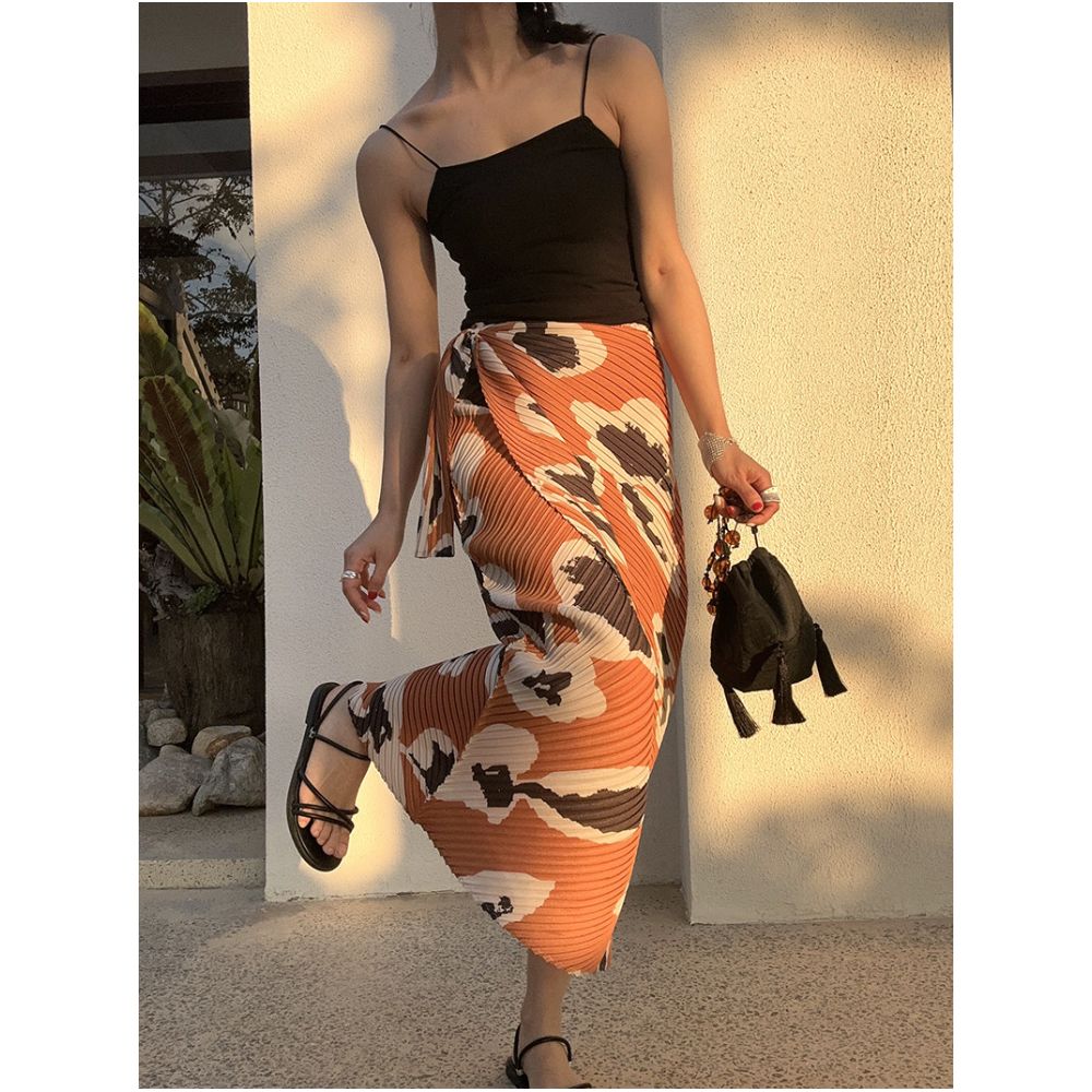BLUE Y Japanese Limited Edition Retro Print Kite Tie Wrap Midi Skirt for Women image 0