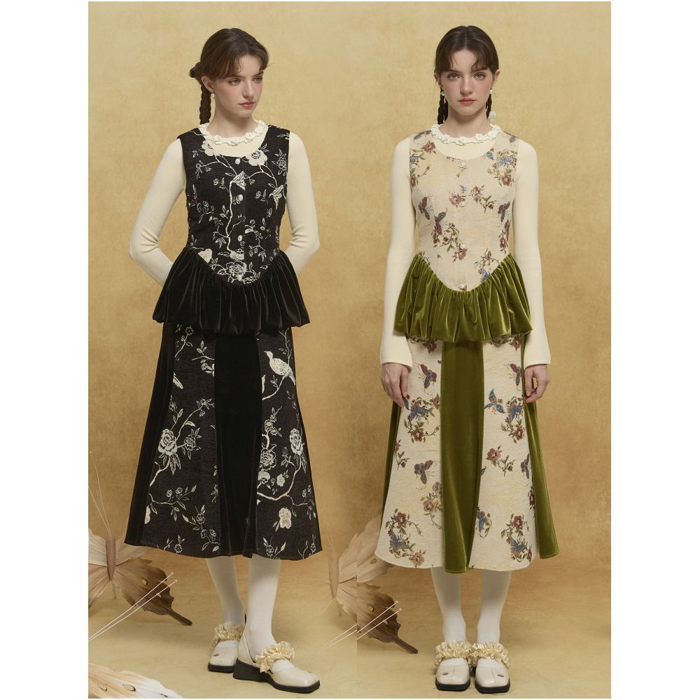 Tail Kite Collection Original New Arrival Audrey Hepburn Style Floral Bird Jacquard Velvet Patchwork Top Color Block Slimming Waist image 0