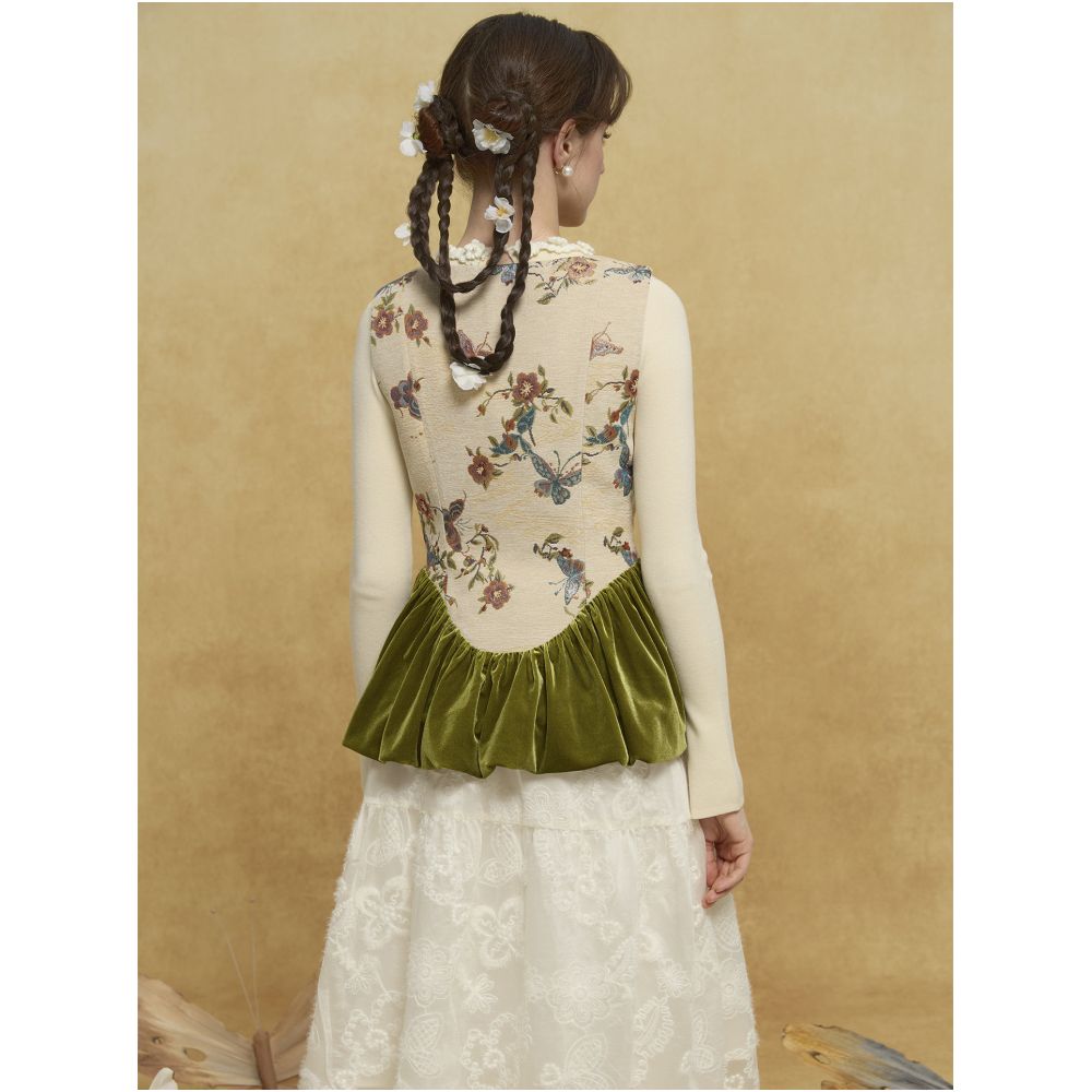 Tail Kite Collection Original New Arrival Audrey Hepburn Style Floral Bird Jacquard Velvet Patchwork Top Color Block Slimming Waist image 1