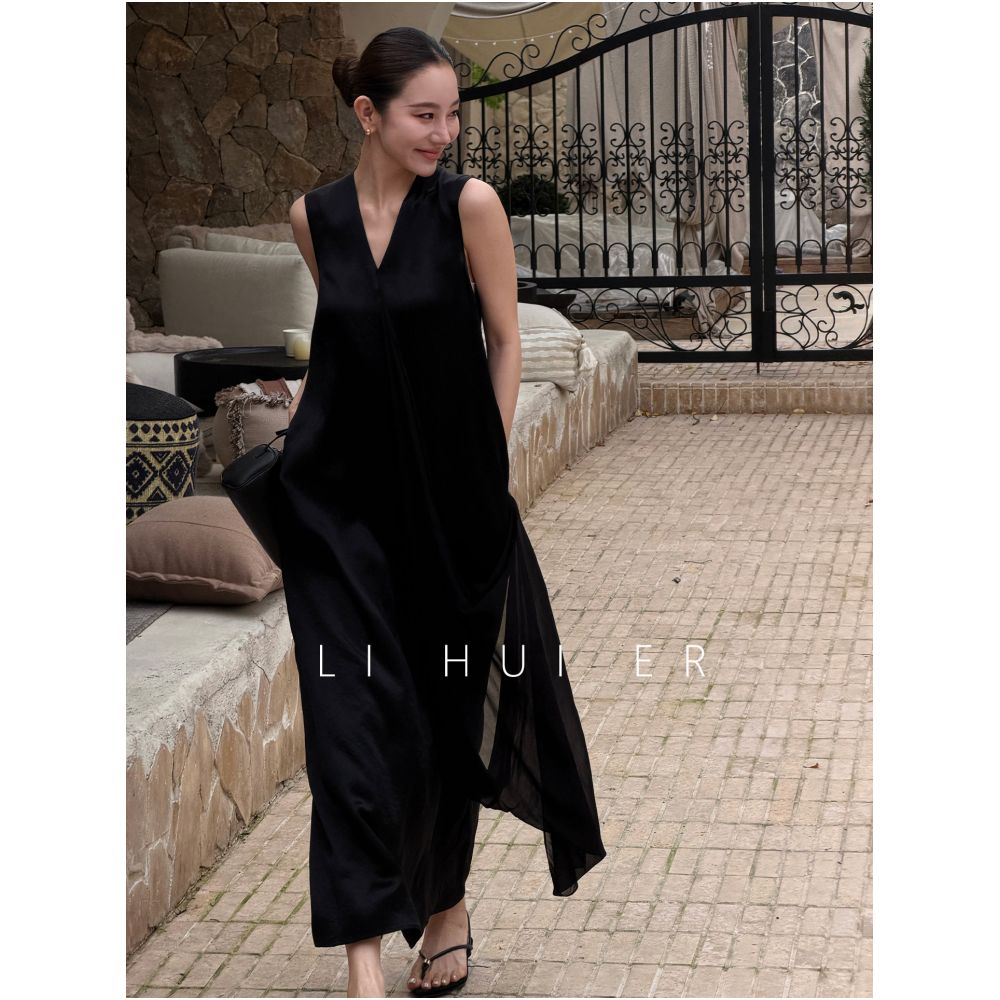 LiHuiEr 李慧儿 Absinthe Summer Acetic Acid Sleeveless V Neck Dress Super Beautiful Maternity Vest Dress image 1