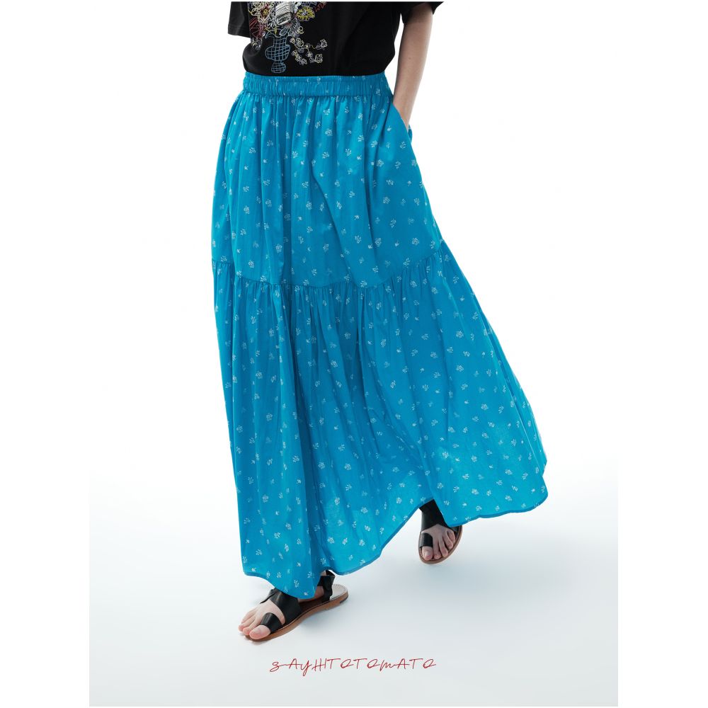 Sayhitotomato floral print gathered elastic waist cotton maxi skirt with a full hem image 1