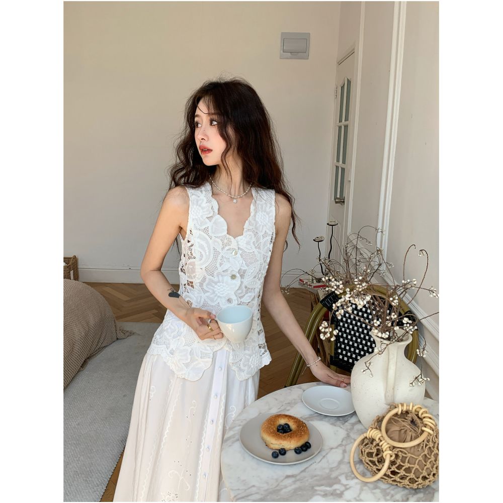 DANCC French style heavy embroidered vest for women summer thin style high end water soluble lace hollow vest image 1