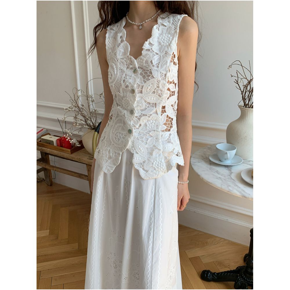 DANCC French style heavy embroidered vest for women summer thin style high end water soluble lace hollow vest image 2