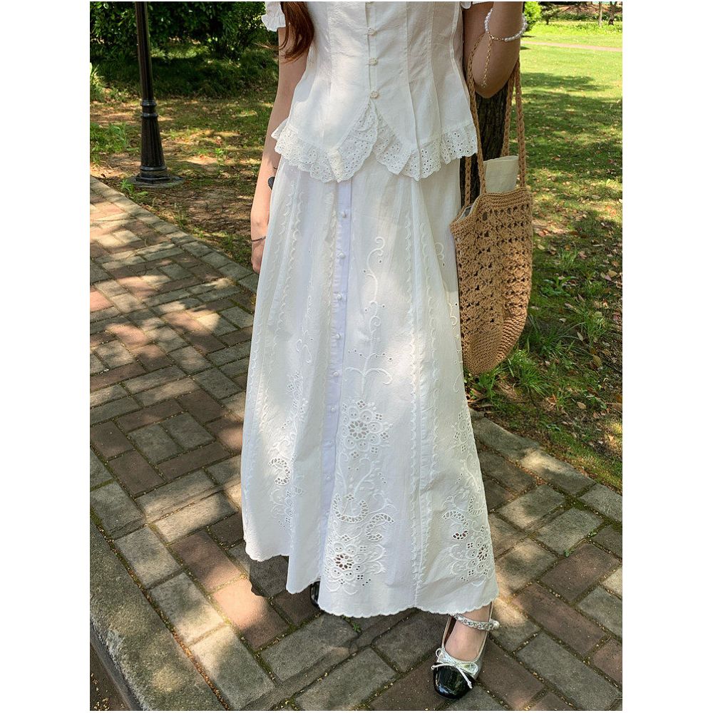 DANCC French style hollowed out embroidered white midi skirt for women summer long elegant A line skirt image 0