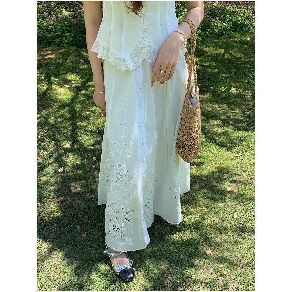 DANCC French style hollowed out embroidered white midi skirt for women summer long elegant A line skirt image 3