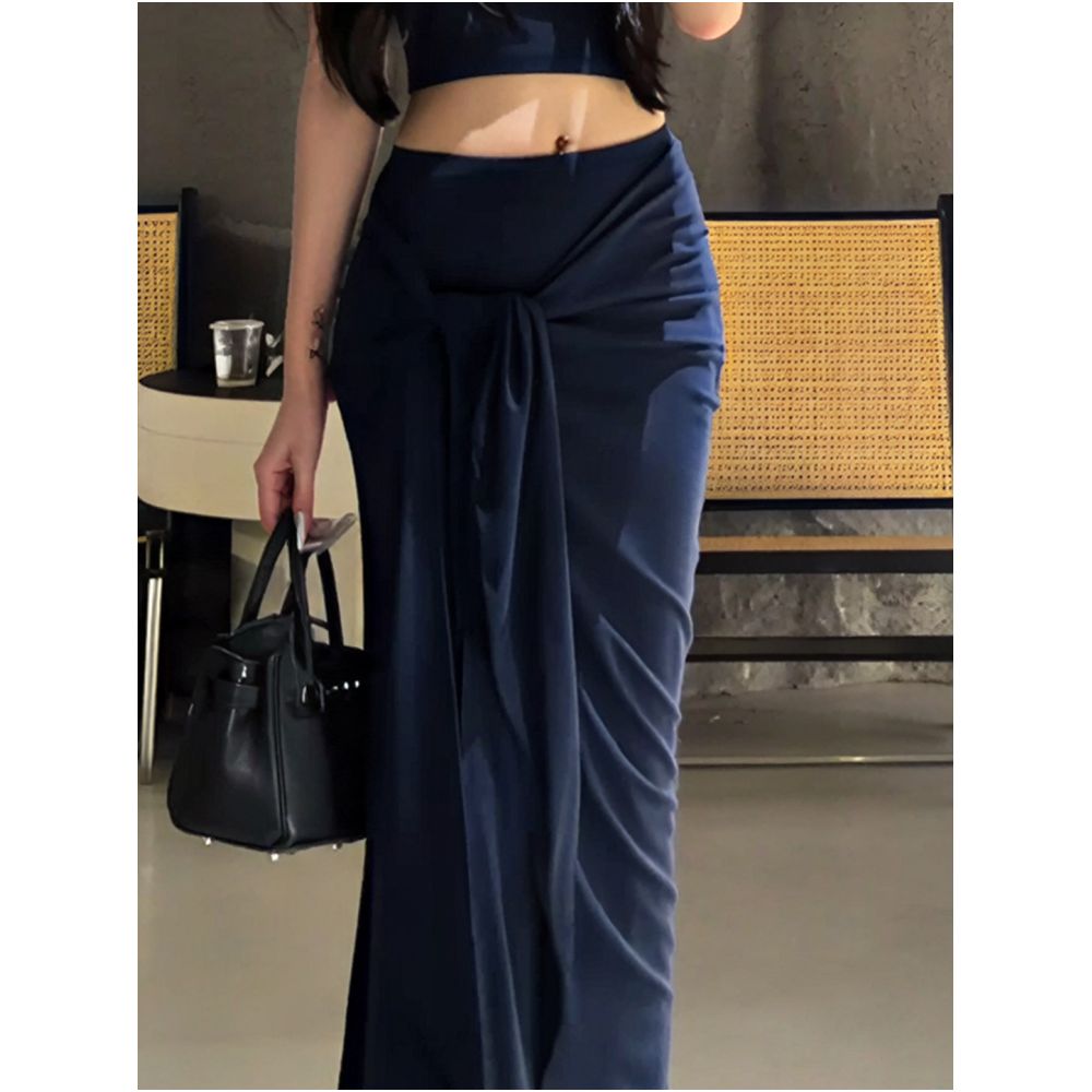 2025 Autumn New Slimming Tie Waist Design Midi Skirt for Women French Style Versatile Fashionable and Elegant Bodycon Long Skirt image 2
