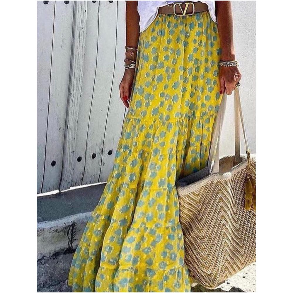 In Stock Summer long skirt ankle length Chanel style high waisted yellow floral print women s skirt unique design image 1