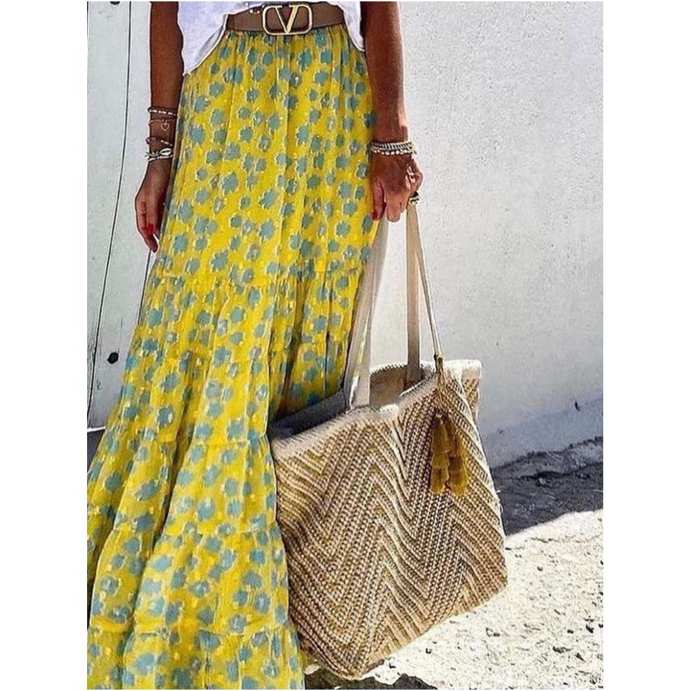 In Stock Summer long skirt ankle length Chanel style high waisted yellow floral print women s skirt unique design image 2