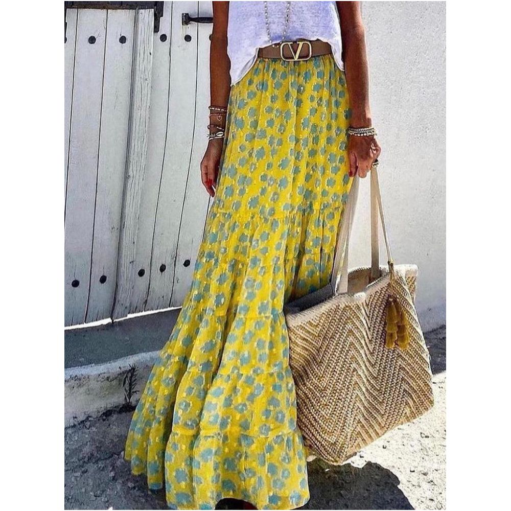 In Stock Summer long skirt ankle length Chanel style high waisted yellow floral print women s skirt unique design image 4