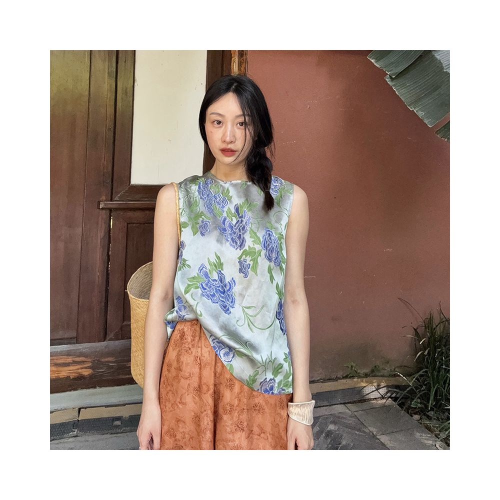 BLUE Y Chinese Style New Chinese Style Rayon Silk Cloud Yarn Cool Sleeveless Blue Jacquard Vest Top Round Neck image 0