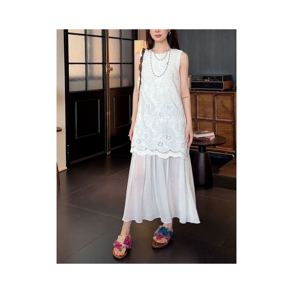French style sleeveless dress with hollowed out lace and mesh patchwork new summer 2026 style fashionable and elegant dress image 0