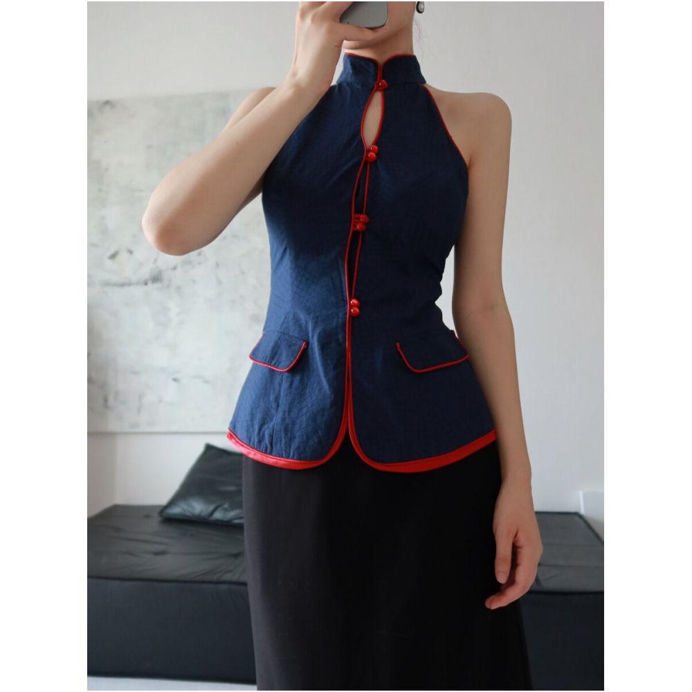 TAORAN Women s Chinese Style Blue Vest Suitable for Everyday Wear Youthful Style Cheongsam Style Top image 0