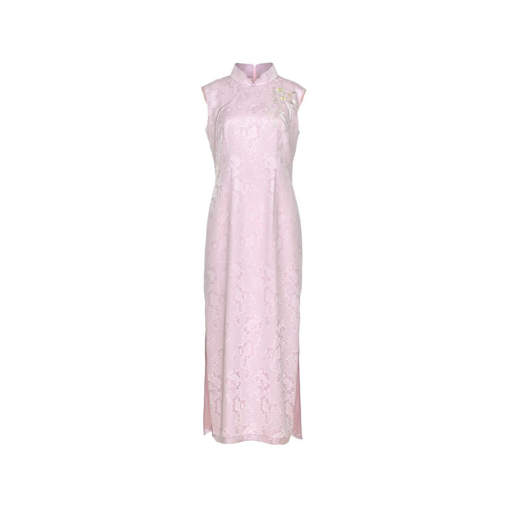 Huamu Shen s new Chinese style purple cheongsam suitable for everyday wear hand embroidered dress with silver embroidery jacquard acetate dress image 0