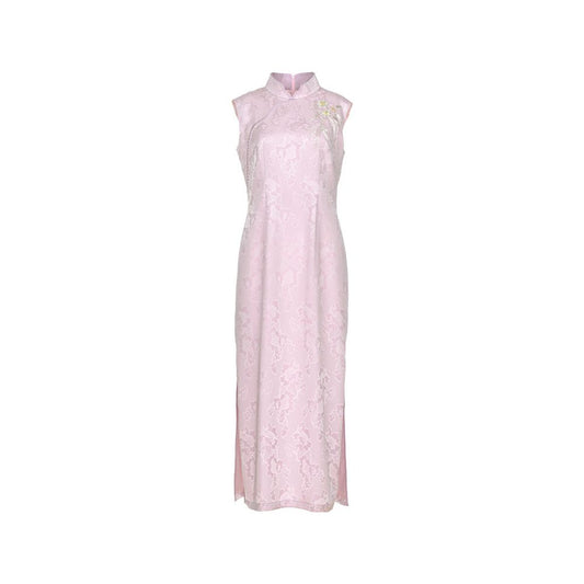 Huamu Shen s new Chinese style purple cheongsam suitable for everyday wear hand embroidered dress with silver embroidery jacquard acetate dress image 0