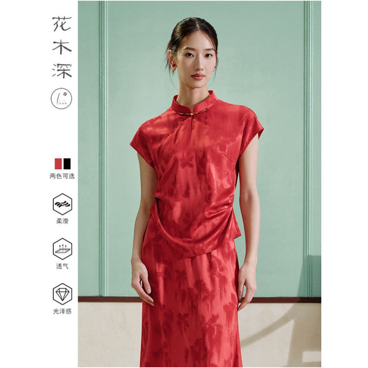 Huamu Shen 6A grade mulberry silk top new short sleeved red modified Tang suit style with Chinese stand up collar Chinese style image 0