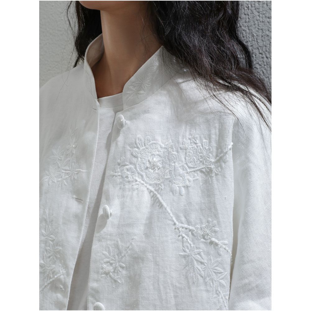 Pure linen sequined embroidered jacket new Chinese retro style stand up collar shirt elegant and fashionable short top image 0
