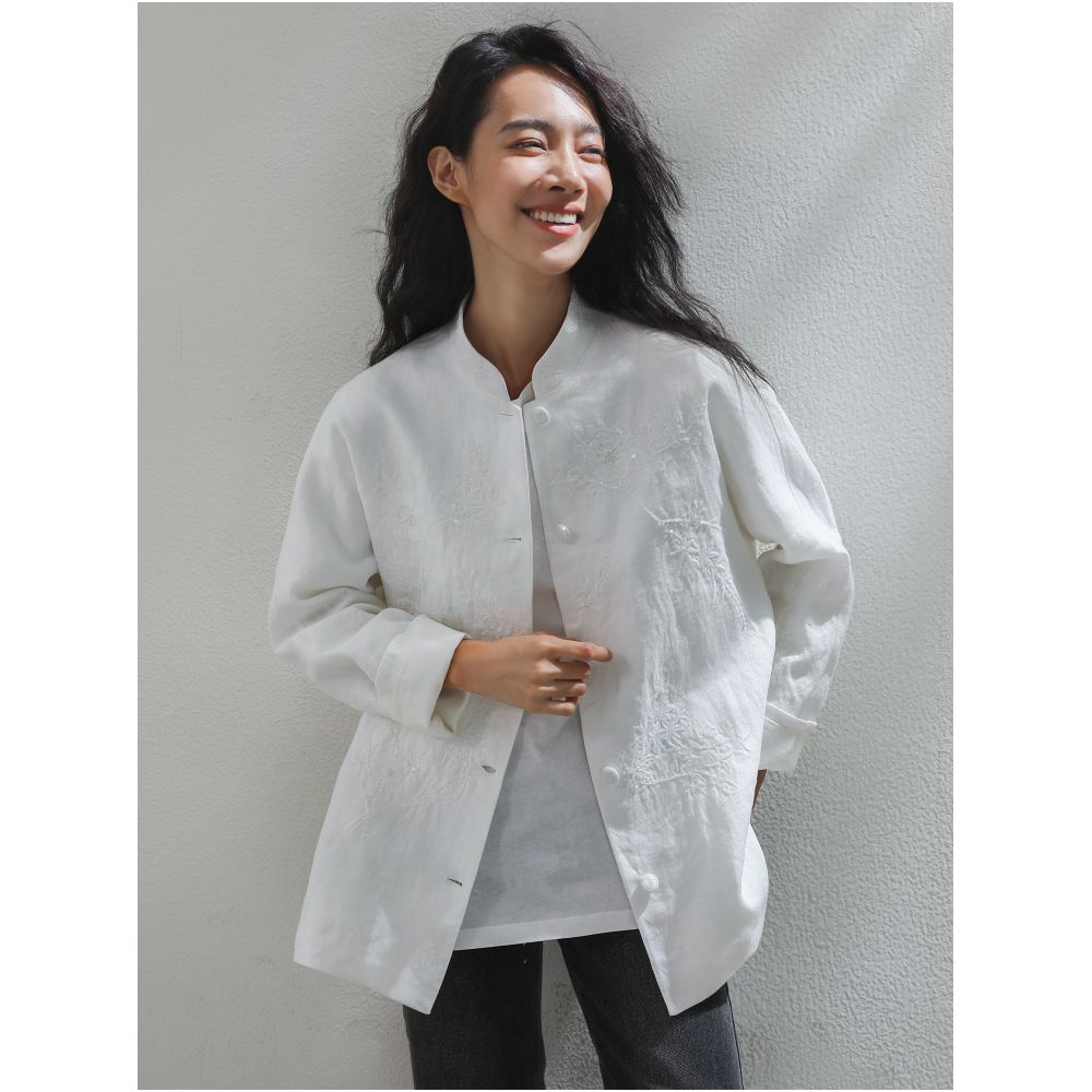 Pure linen sequined embroidered jacket new Chinese retro style stand up collar shirt elegant and fashionable short top image 1