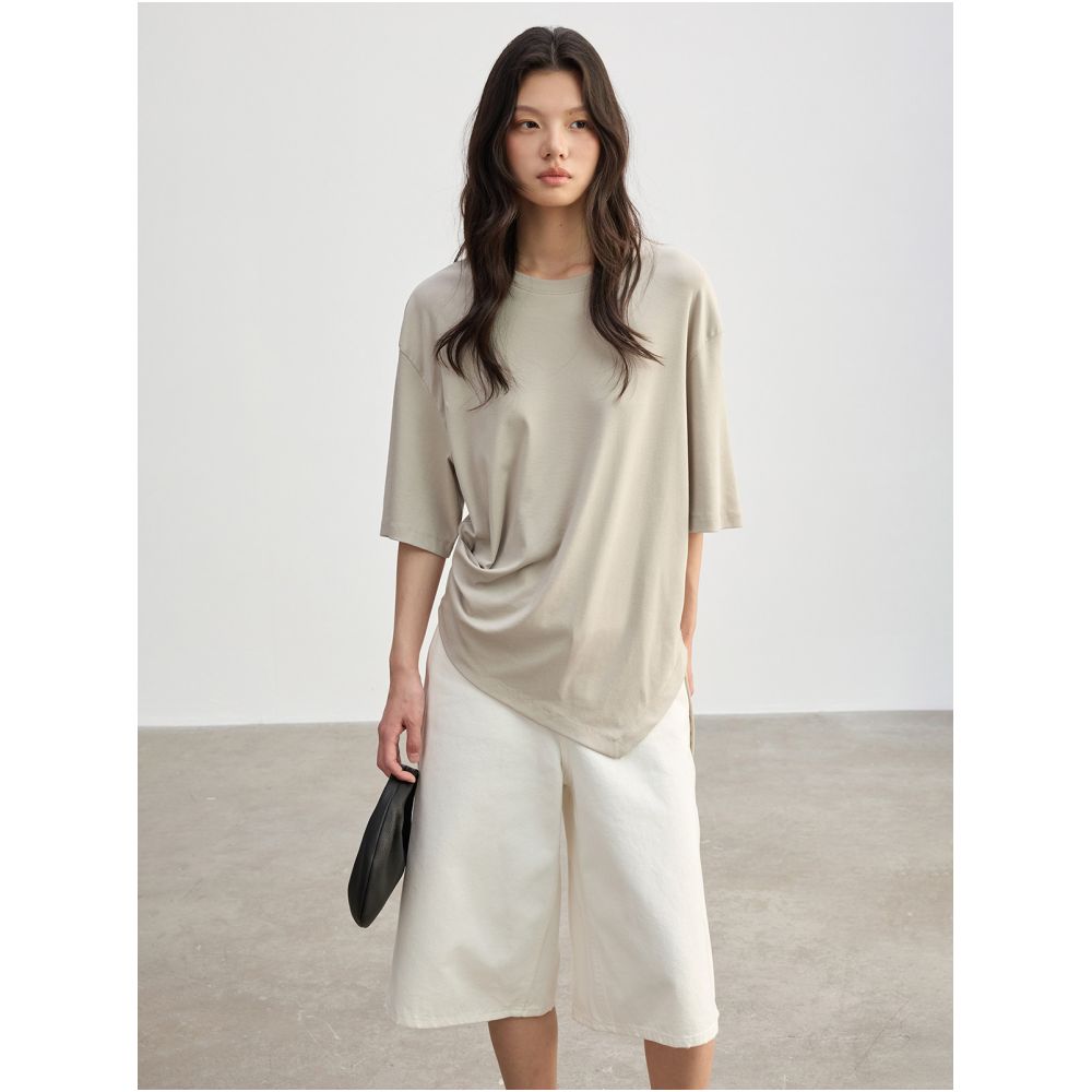 JUSLIN Bare Skin Feel Lyocell Cotton Drawstring Pleated Short Sleeve T Shirt Elastic Waist Double Pleated Floor Length Pants M0312 image 1