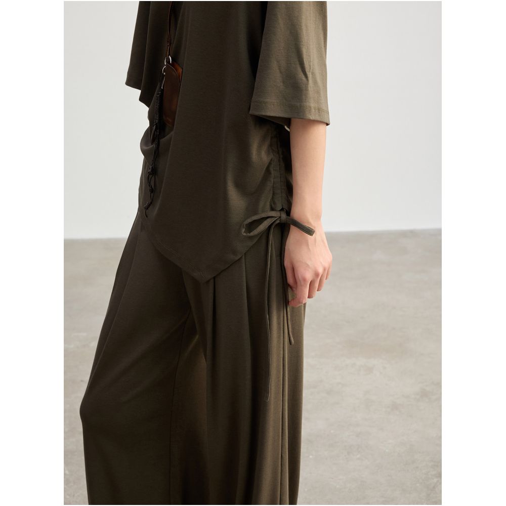 JUSLIN Bare Skin Feel Lyocell Cotton Drawstring Pleated Short Sleeve T Shirt Elastic Waist Double Pleated Floor Length Pants M0312 image 2
