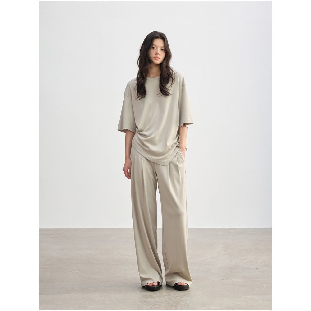 JUSLIN Bare Skin Feel Lyocell Cotton Drawstring Pleated Short Sleeve T Shirt Elastic Waist Double Pleated Floor Length Pants M0312 image 3