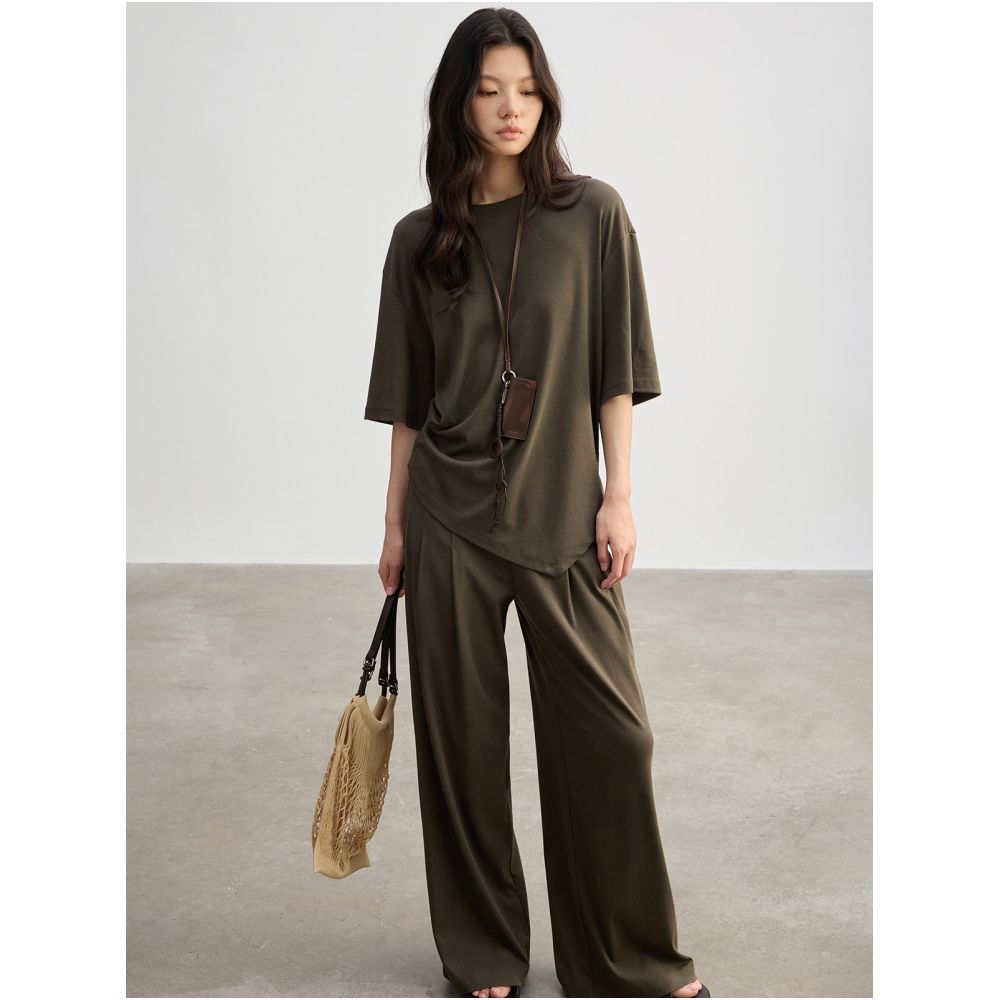 JUSLIN Bare Skin Feel Lyocell Cotton Drawstring Pleated Short Sleeve T Shirt Elastic Waist Double Pleated Floor Length Pants M0312 image 4