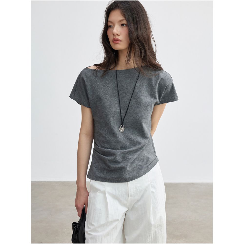 JUSLIN 100 Cotton Asymmetrical Raglan Sleeve Off Shoulder Short Sleeve Top Layered A Line Skirt Set M0401 image 3
