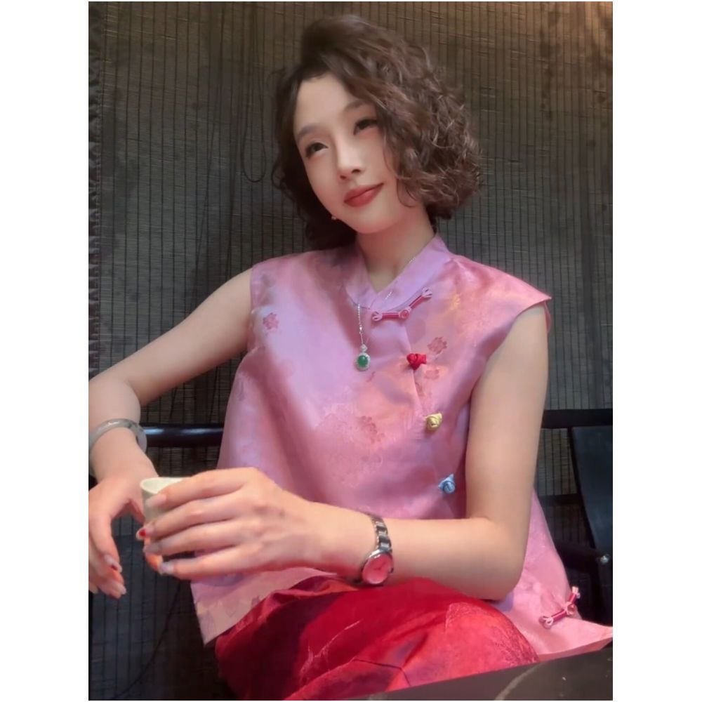 New Chinese style pink jacquard sleeveless vest shirt summer Chinese style colorful button top modified Tang suit blouse image 1
