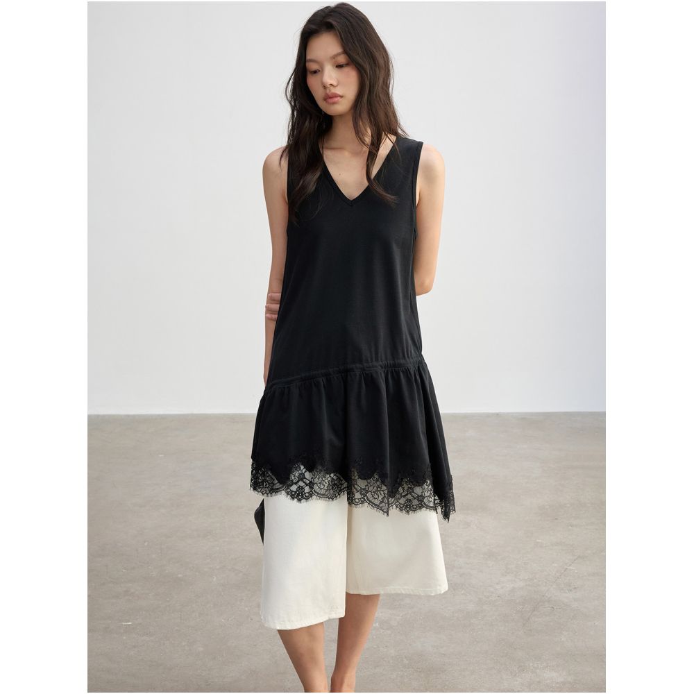 JUSLIN Heavy duty patchwork irregular lace trim beaded tie V neck sleeveless layered vest dress M0306 image 3