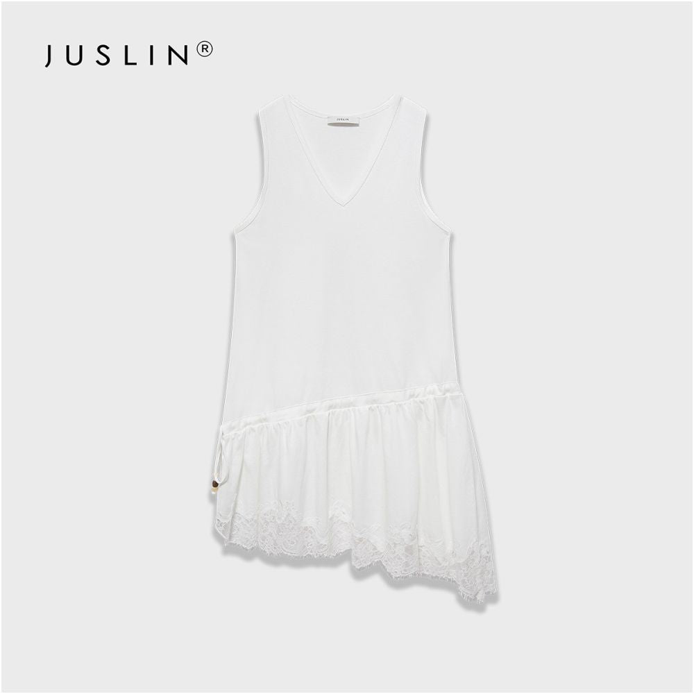 JUSLIN Heavy duty patchwork irregular lace trim beaded tie V neck sleeveless layered vest dress M0306 image 0