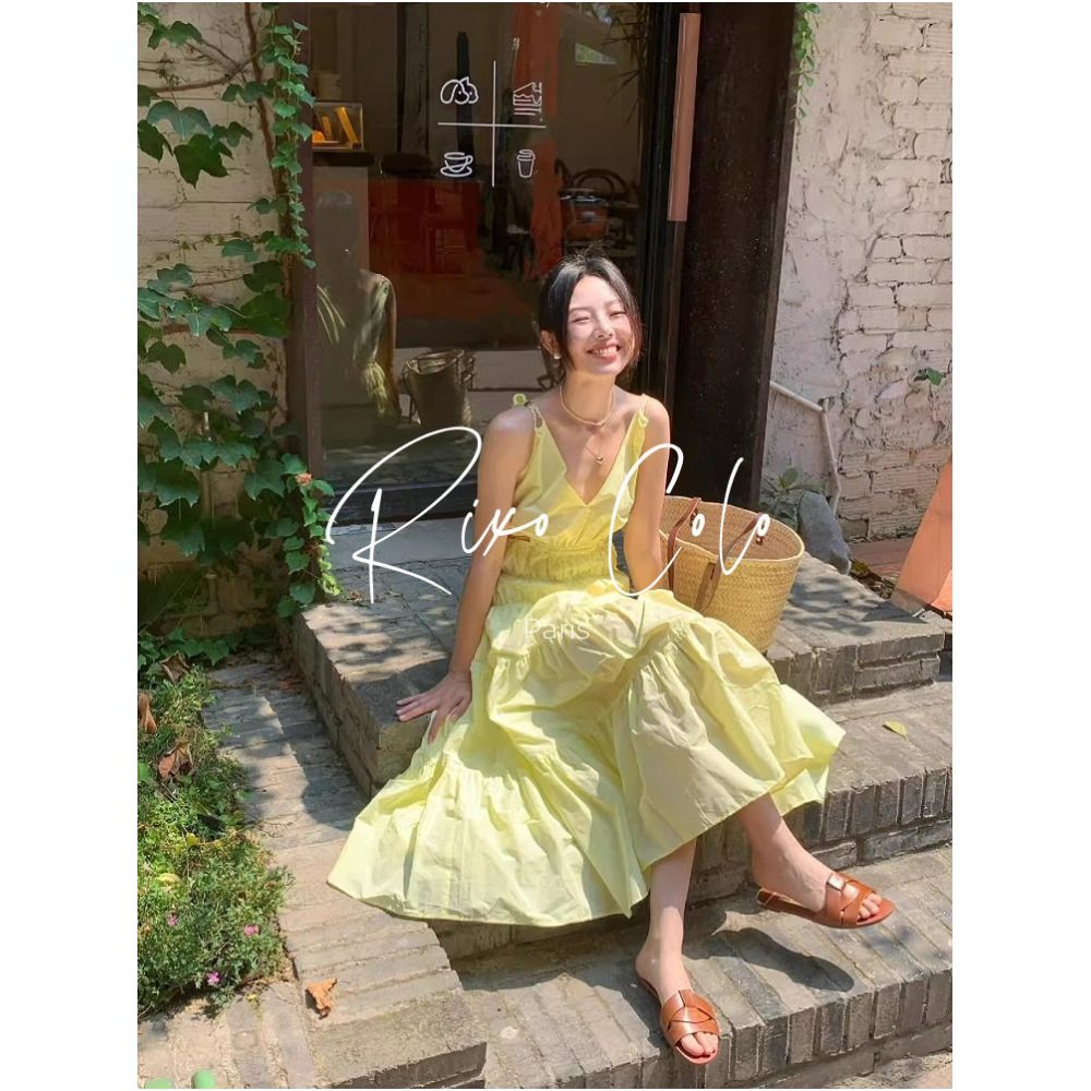 French RIXO COLO dopamine outfit Pale yellow slip dress V neck cutout waist revealing pleated maxi skirt image 1
