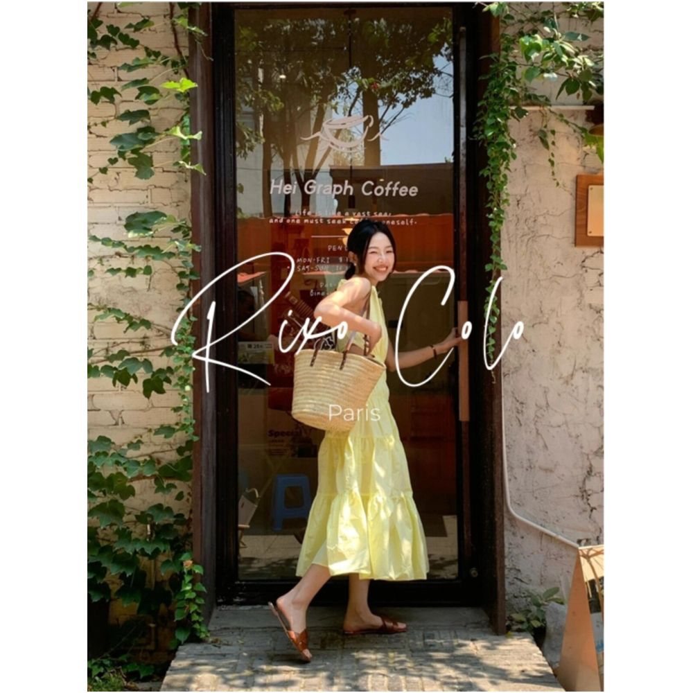 French RIXO COLO dopamine outfit Pale yellow slip dress V neck cutout waist revealing pleated maxi skirt image 3