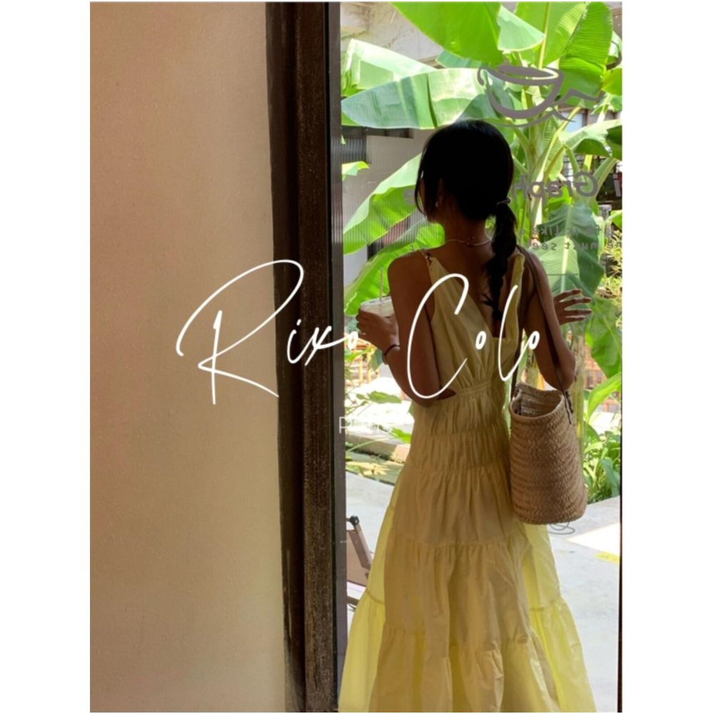 French RIXO COLO dopamine outfit Pale yellow slip dress V neck cutout waist revealing pleated maxi skirt image 5