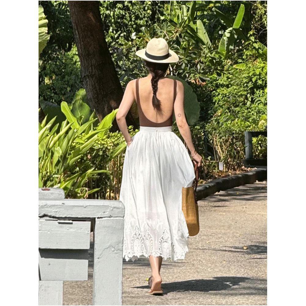 Krocchi Resort Style White Embroidered Midi Skirt Women s 2025 Spring Summer Hollow out Skin friendly Breathable A line High waisted Midi Skirt image 0