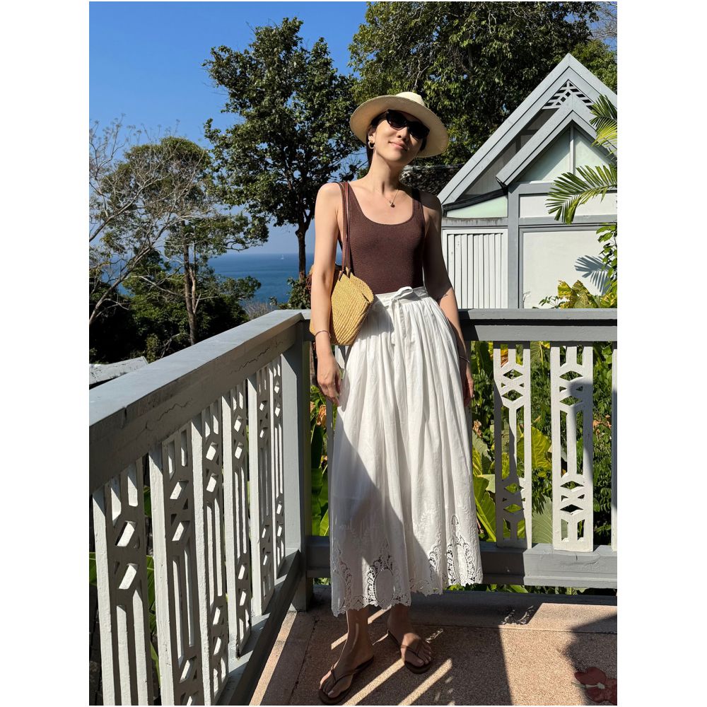 Krocchi Resort Style White Embroidered Midi Skirt Women s 2025 Spring Summer Hollow out Skin friendly Breathable A line High waisted Midi Skirt image 2