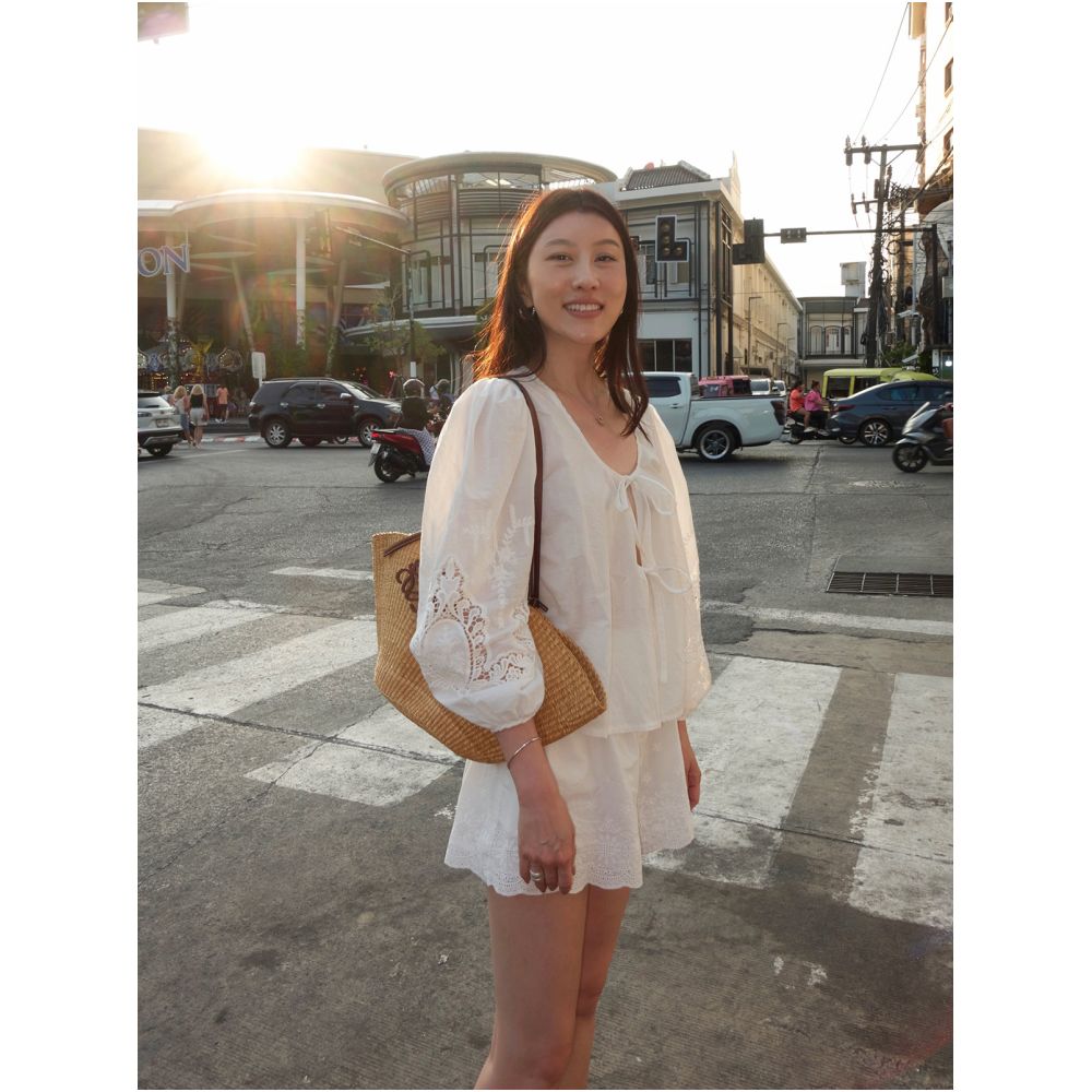 Krocchi French Embroidery Hollow Out Tie Up Top for Women Spring Summer 2025 Oversized Skin Friendly Puff Sleeve Collarless Shirt image 2