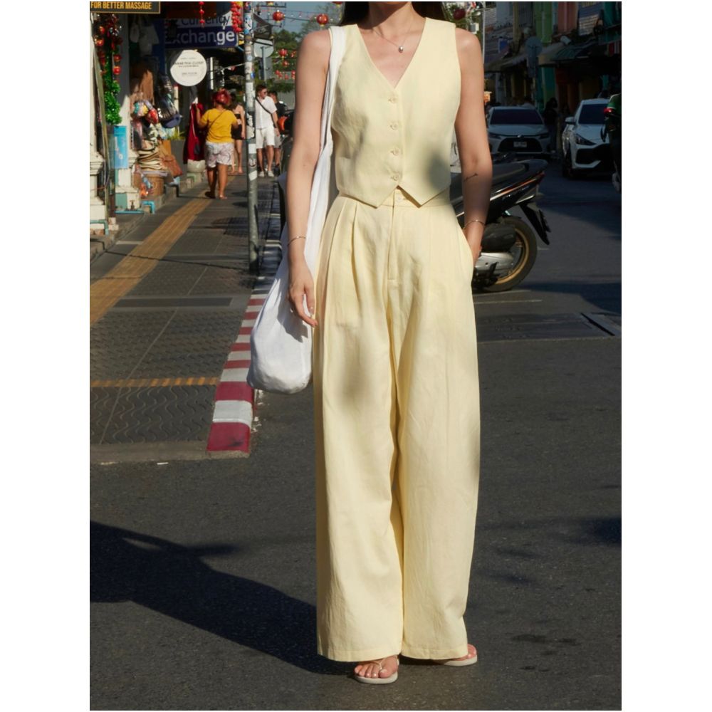 Crocs Cream Yellow Vest Set for Women Spring Summer Linen V neck Short Sleeveless Top and Casual Pants Two Piece Set image 2