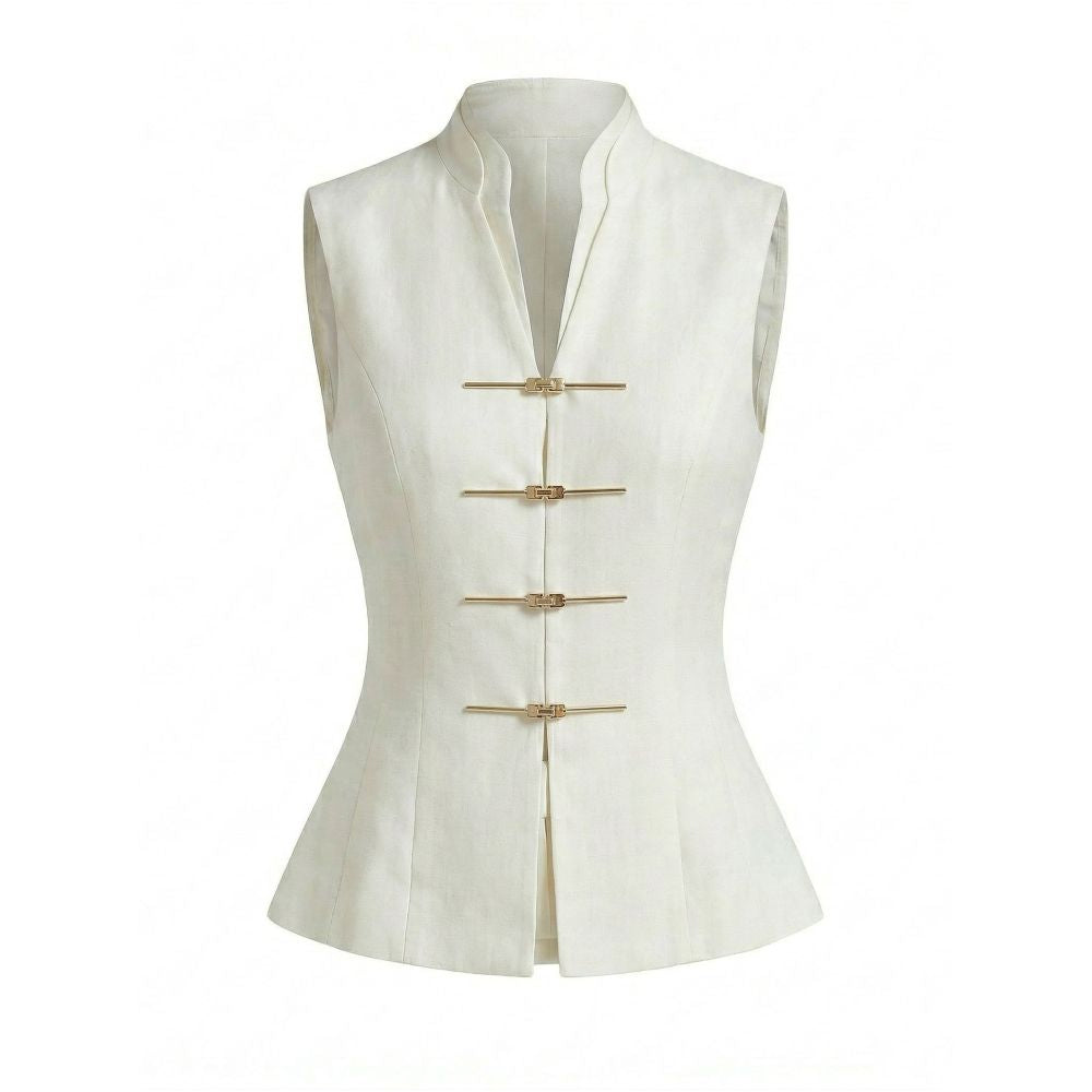BRAND BY MEI New Chinese Style Metal Fold Button Stand Collar Sleeveless Top Retro High End Vest image 4