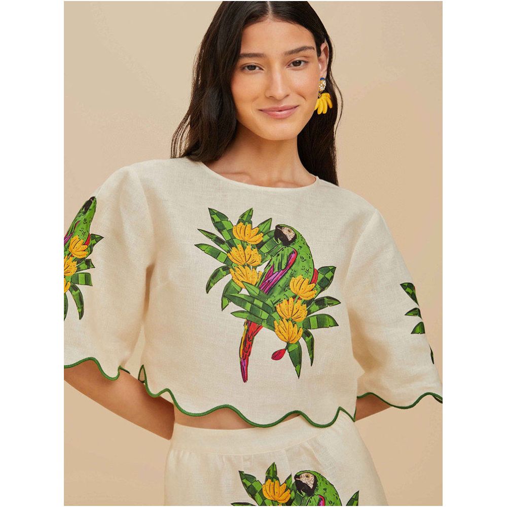 Brazilian niche designer colorful linen print puff sleeve cropped top pencil skirt set for women image 1