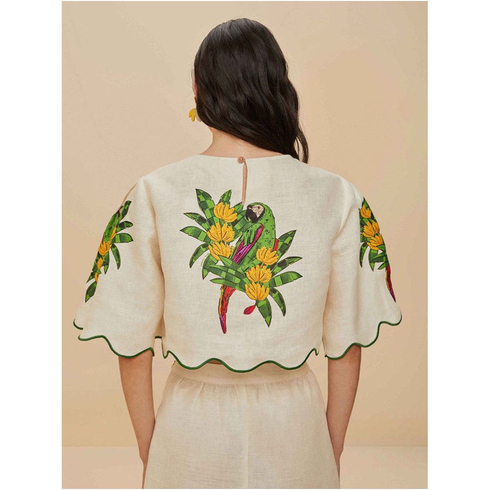Brazilian niche designer colorful linen print puff sleeve cropped top pencil skirt set for women image 3