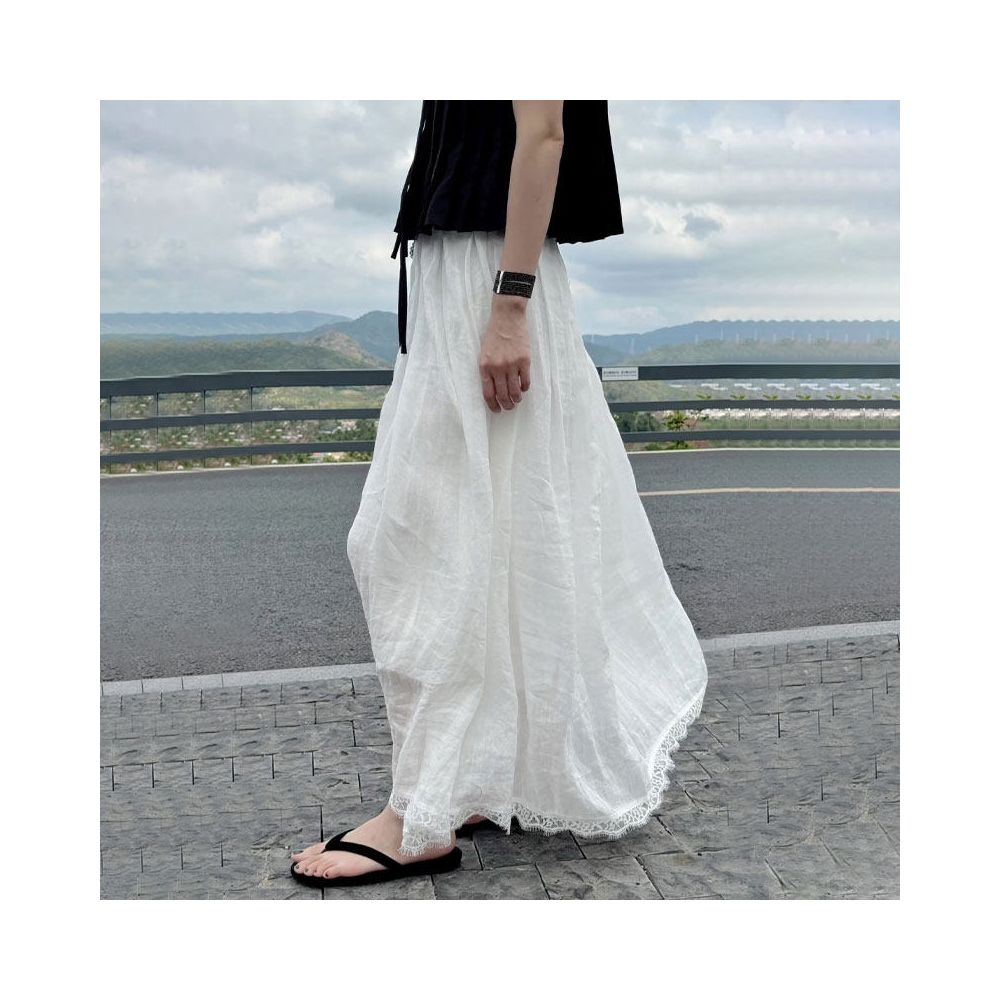 White linen midi skirt with lace trim new summer 2025 style loose fit breathable comfortable versatile full skirt image 0