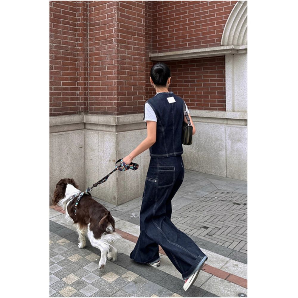 Hong Kong style mature women s suit spring and summer minimalist casual outfit denim vest slimming wide leg pants two piece set trendy image 3