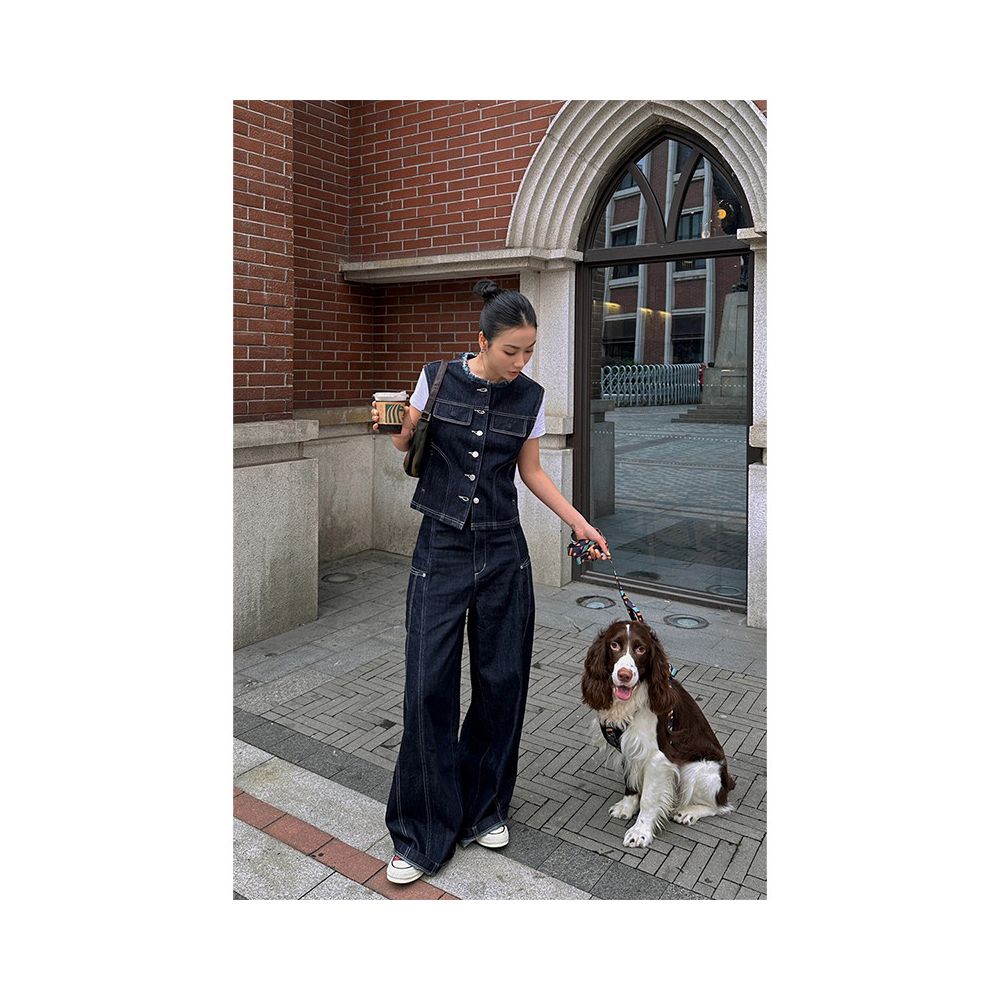 Hong Kong style mature women s suit spring and summer minimalist casual outfit denim vest slimming wide leg pants two piece set trendy image 0