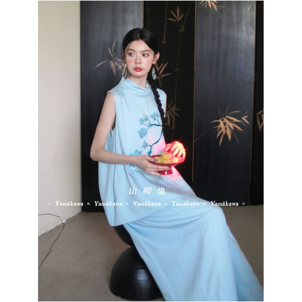 Yamakaawa Distant Mountain Blue Mist Pine New Chinese Style Embroidered Mist Blue Sleeveless Stand Collar Wide Leg Pants Set image 3