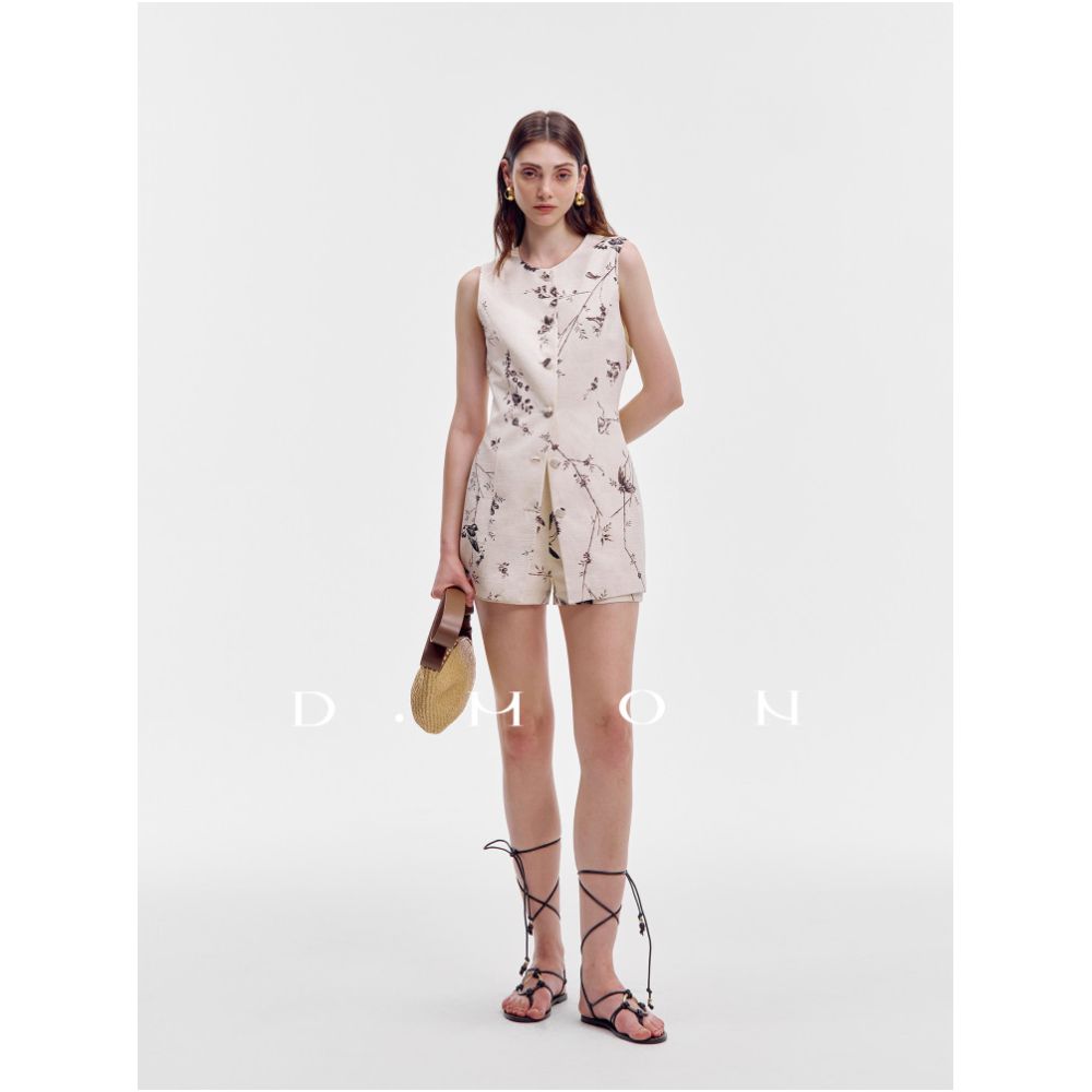 DMON Exclusive Original Hundred Birds Paying Homage to the Phoenix Print Customized High End Silk Linen Vest and Shorts Set image 2