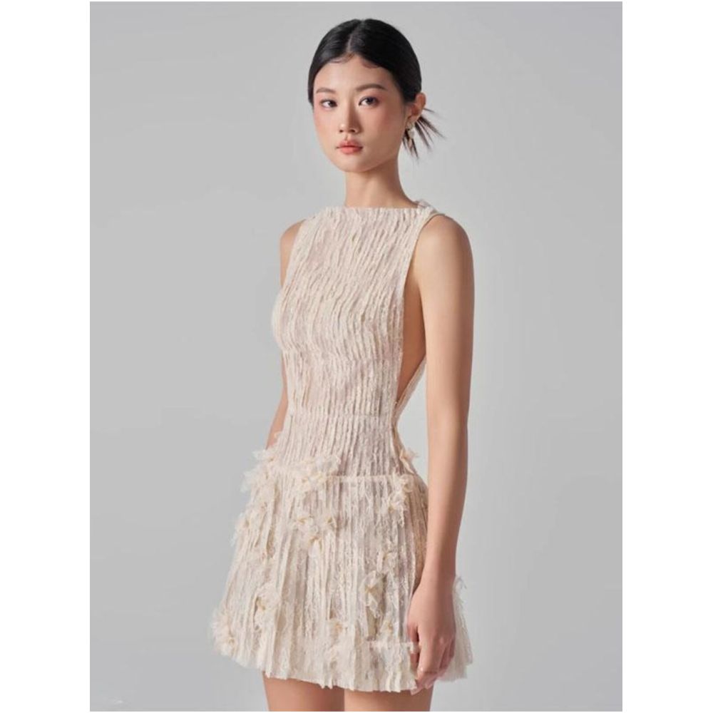 Vietnamese niche 2025 new sleeveless waist cinching heavy duty elegant pleated lace three dimensional butterfly flower short dress image 2