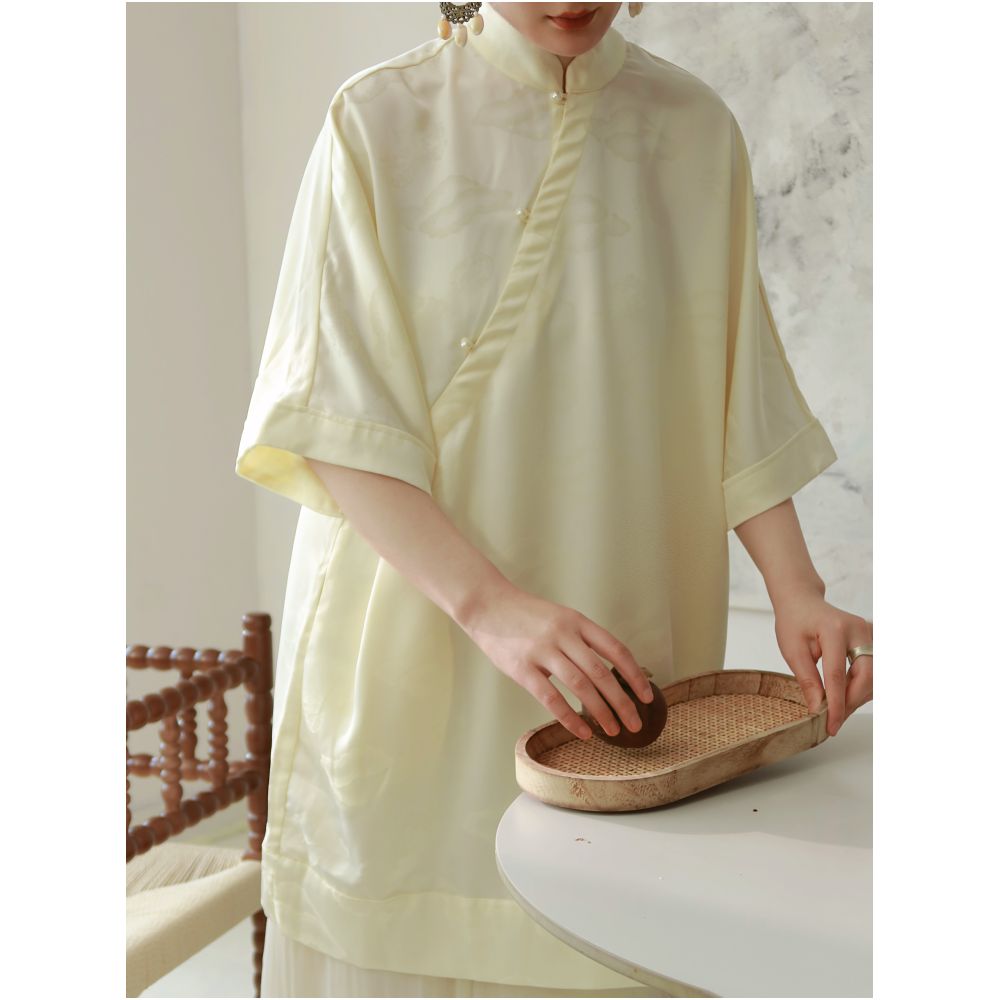 TAORAN Women s Chinese Style Stand Collar Short Sleeve Top with Loose Fit and Beaded Buttons Modified Cheongsam Style Zen Inspired Everyday Top image 1