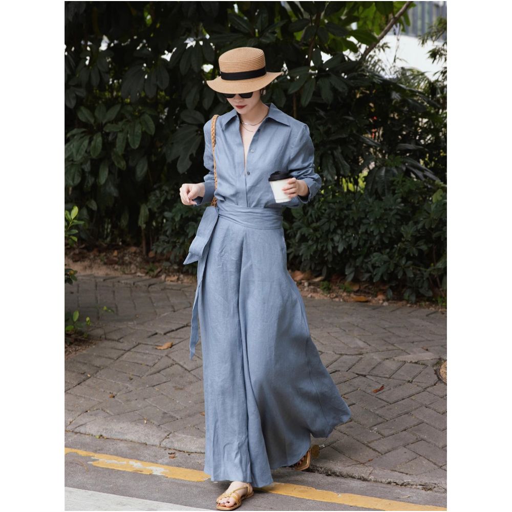 ZEROYK Old Money Style Fashion Set Simple and Elegant Linen Shirt with Tie Waist Skirt Relaxed Two Piece Set image 2