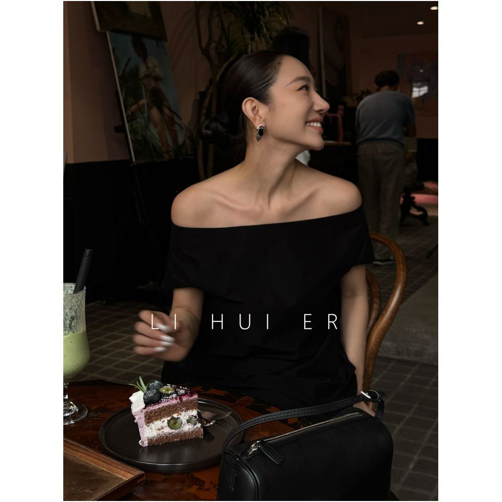LiHuiEr Cannes Evening Breeze Salty and Mature Off Shoulder T Shirt for Women Minimalist Commuter Outfit Top image 2